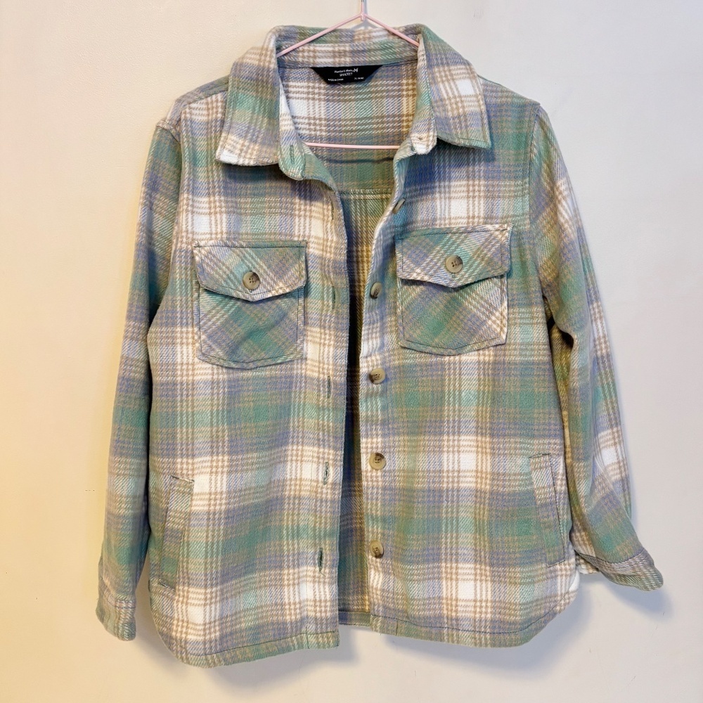 Members Mark Flannel Shirt Jacket Shacket Green Purple Plaid Girls XL 14 - 16 - Picture 3 of 5